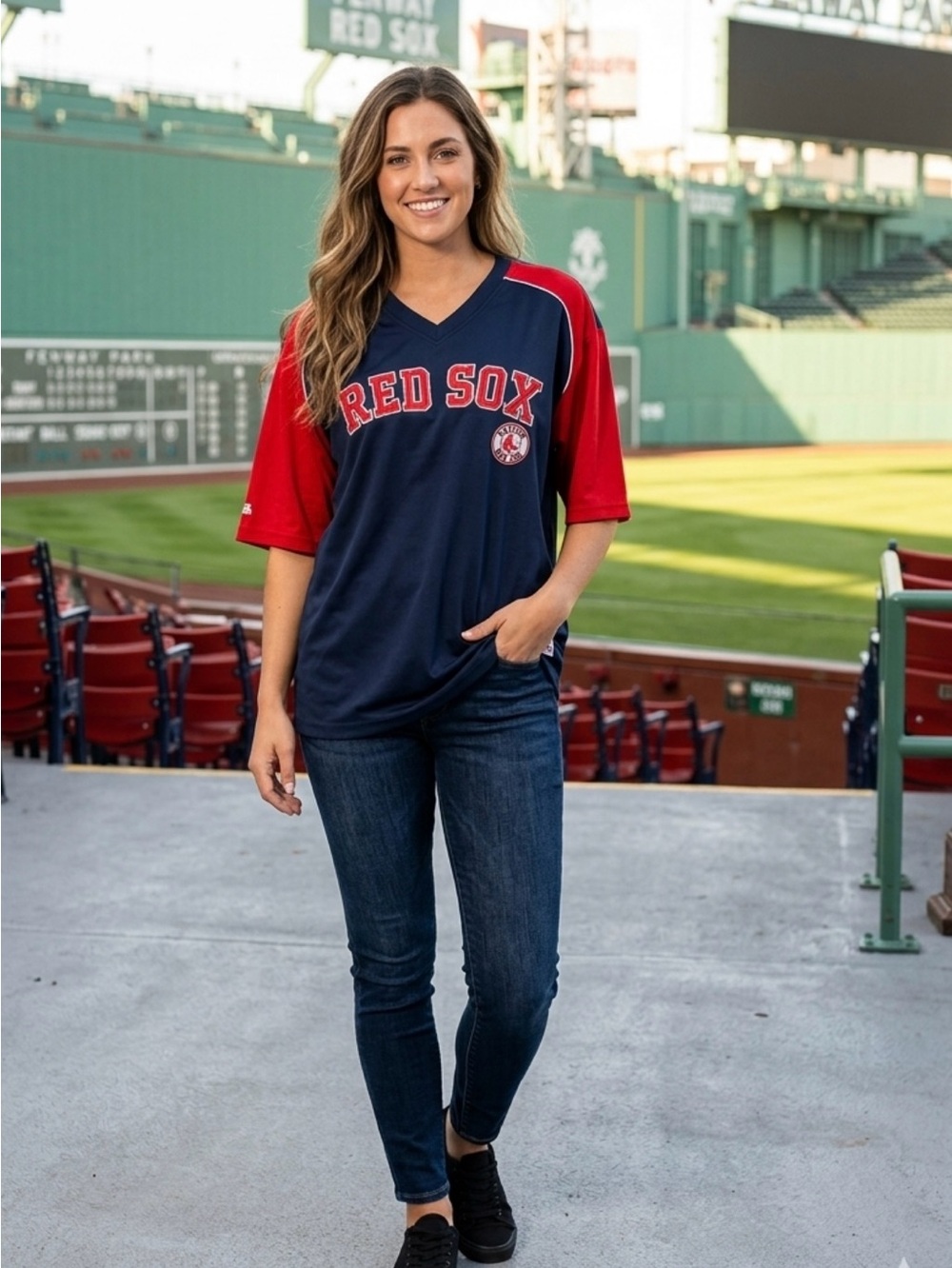 Stitches Navy Top with Red Appliqué Lettering